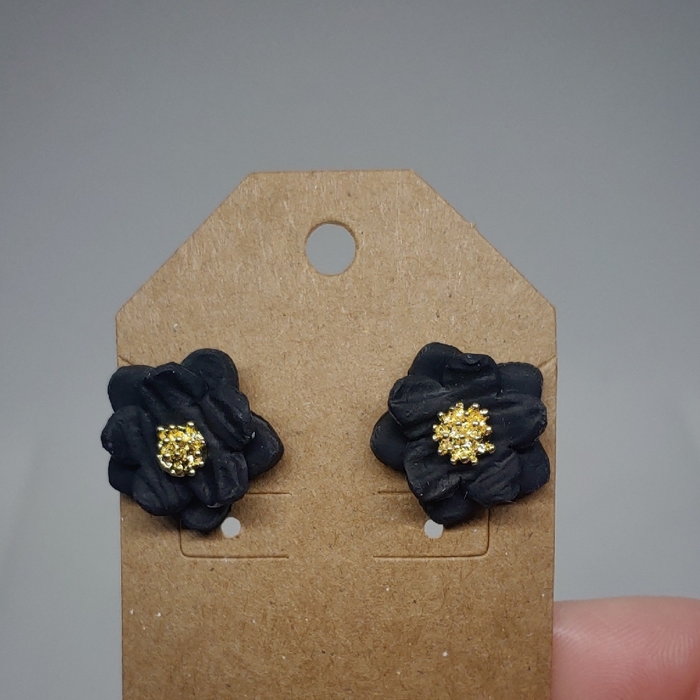 Black Floral Earrings with Gold Accents